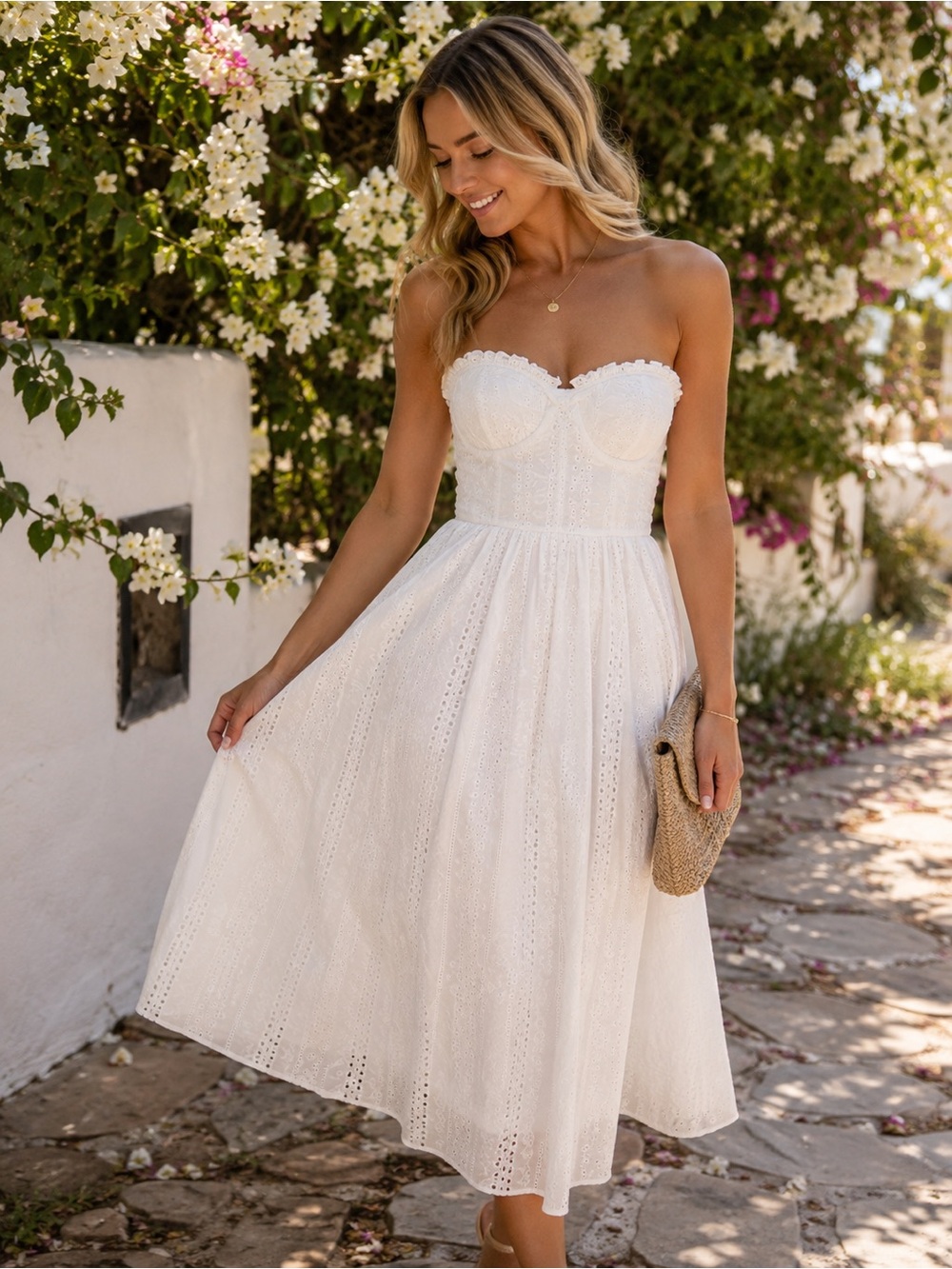 Petal + Pup White Eyelet Strapless Midi Dress | Cottagecore Romantic Size L